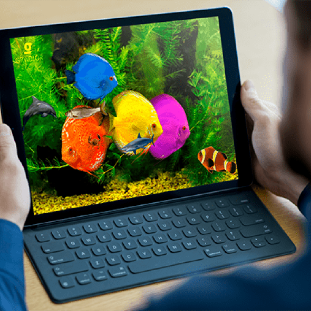 un hombre viendo la pantalla de un ordenador en la que se observan peces de colores en el fondo del mar. la imagen hace referencia a GRADIOR Estimulación Cognitiva