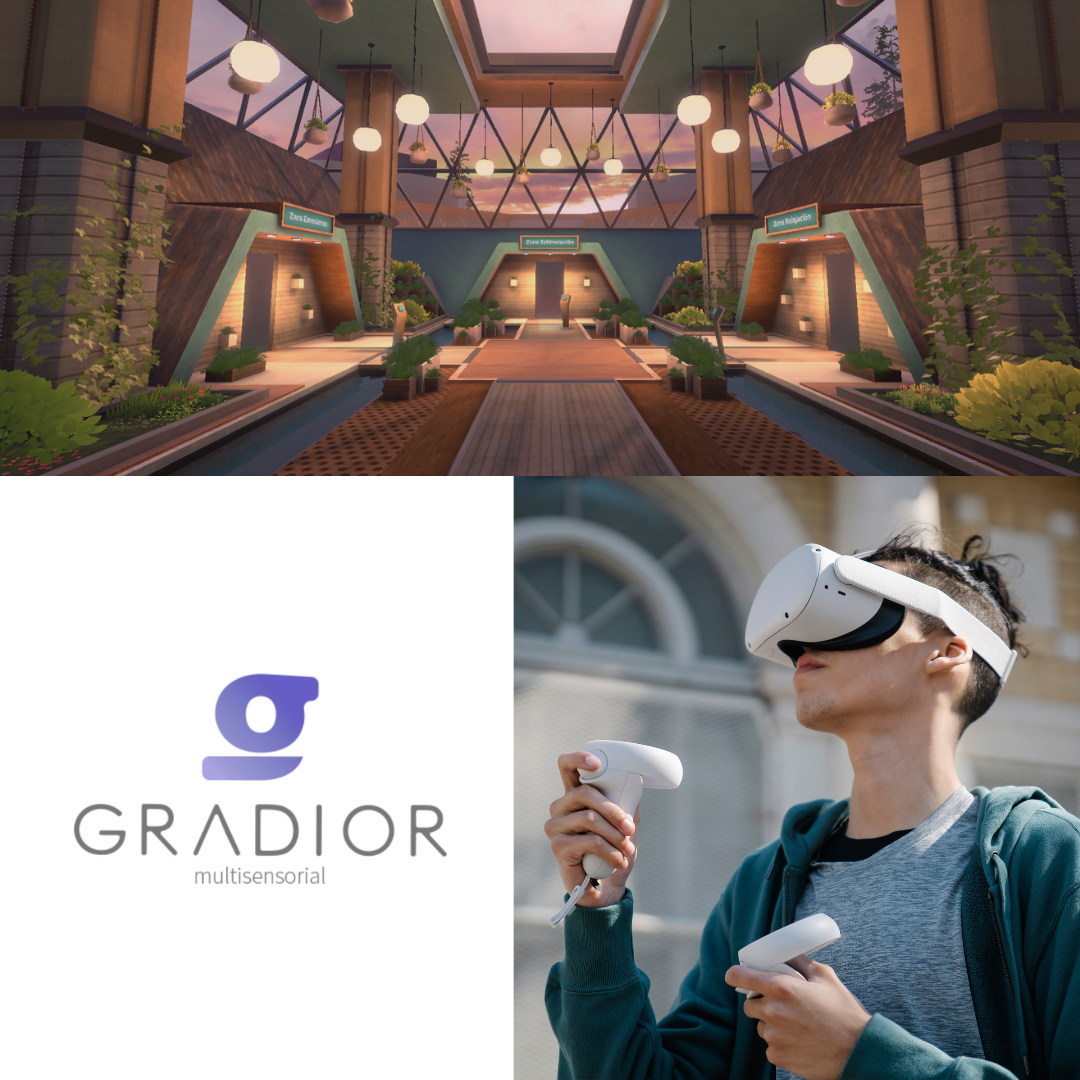 imagen de escenario de gradior multisensorial, junto con el logo, y una imagen de un joven usando las gafas de realidad virtual. Estas imágenes hacen referencia a la técnica de estimulación multisensorial que se emplea en nuestra herramienta