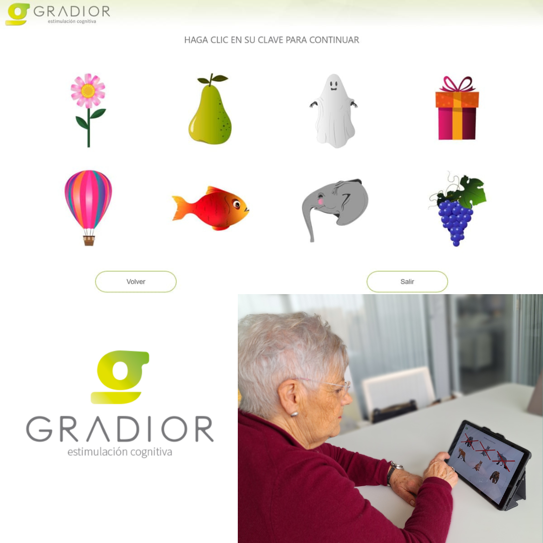 imagen de escenario de gradior estimulación cognitiva, junto con el logo, y una imagen de una usuaria de la herramienta. Estas imágenes hacen referencia a la técnica de estimulación cognitiva que se emplea para impactar sobre la función cerebral de la persona